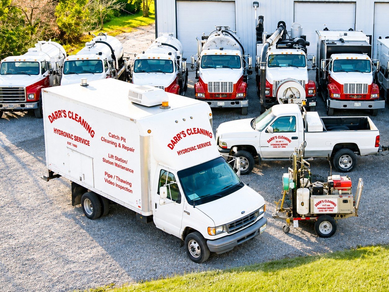 Darr's vacuum trucks, jetters and support vehicles lined up at the yard