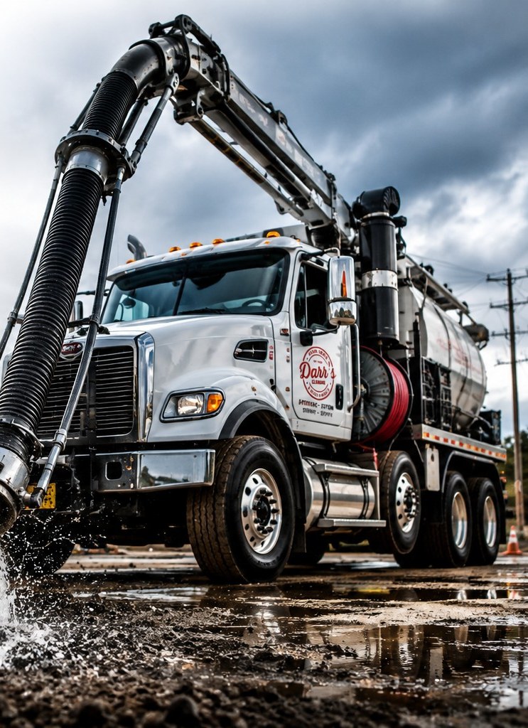 Hydrovac truck on a jobsite with the boom deployed and water discharging